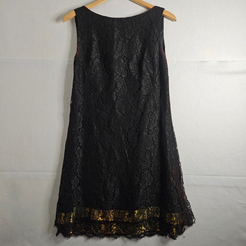 Vintage Black Floral Lace Shift Dress Gold Metallic Hem Sleeveless Scoop Back 12